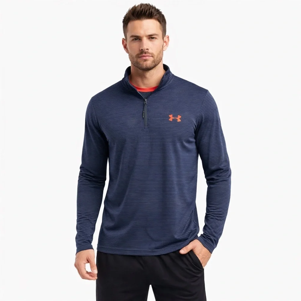 Under Armour ColdGear ¼-Zip Pullover Size Small Blue Striped w/ Neon Orange Logo